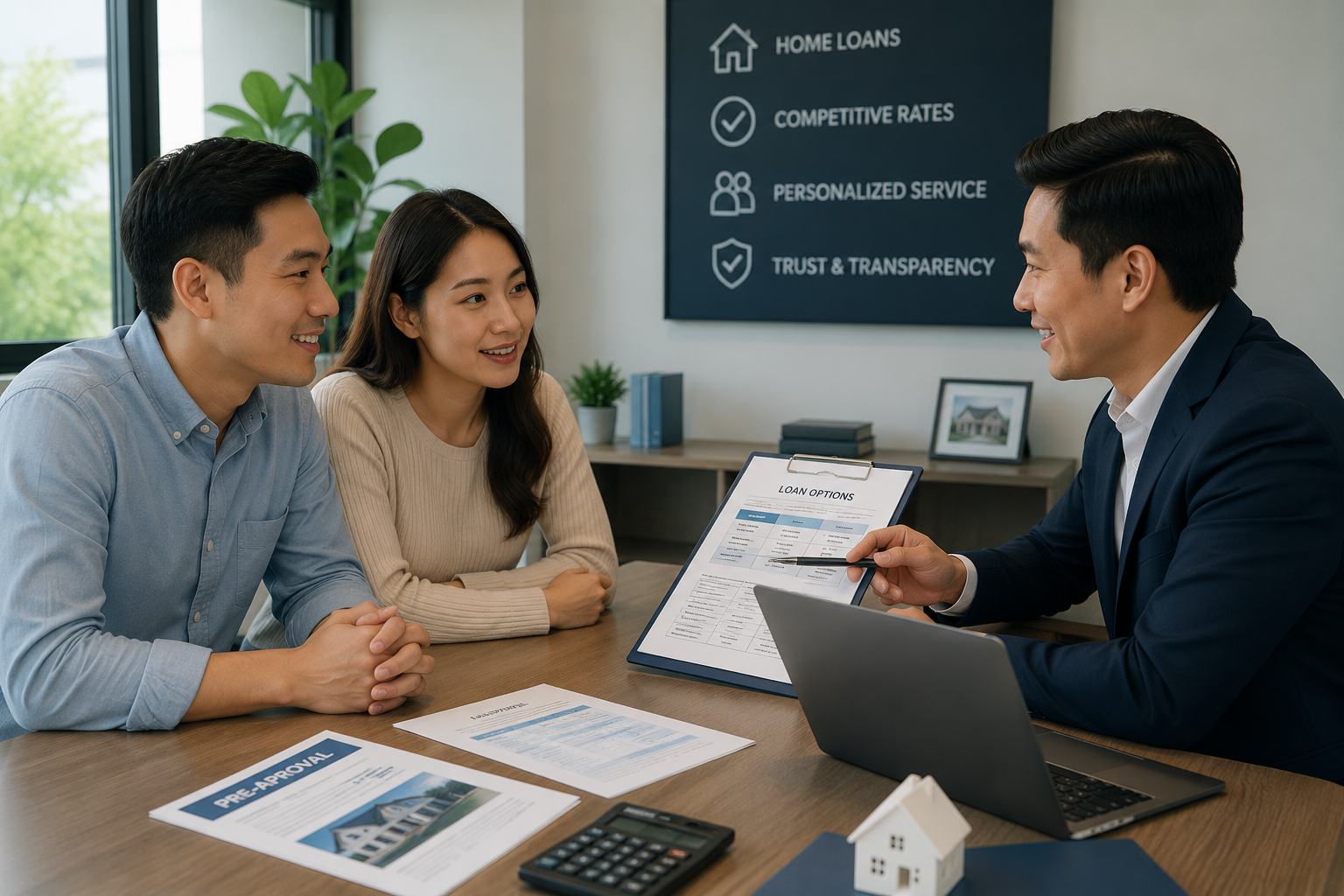 illustration of a loan officer is meeting with a couple discuss about mortgage
